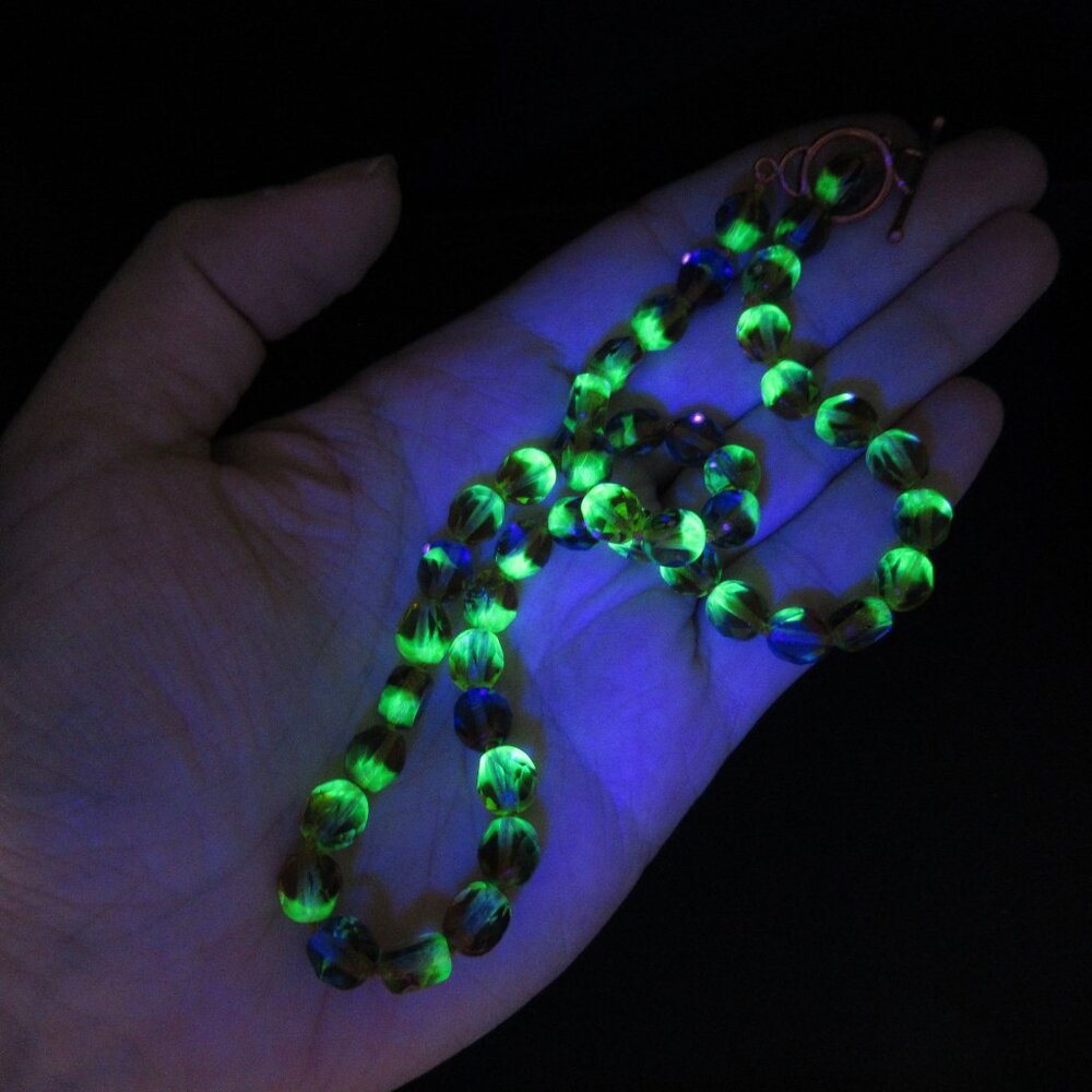 Uranium glass bead necklace with copper toggle